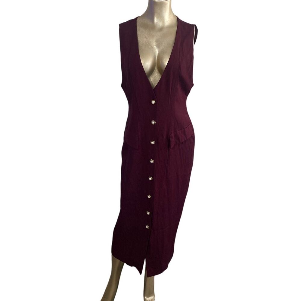 Vintage USA Made Burgundy Faux Pearl Button Midi Vest Dress Size 7/8